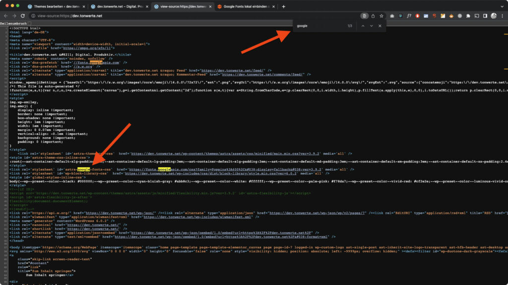 Quelltext einer Website - WordPress Google Fonts deaktivieren